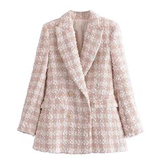 Our Vintage Plaid Tweed Double Breasted Beige Blazer will elevate your whole look when you match it with a neutral top and jeans or wear it as a blazer dress with high-thigh boots and a mini skirt. The blazer is made of high-quality tweed plaid fabric and features peak lapels, side pockets, and gold buttons. Blazer Off White, Double Blazer, Blazer Rose, Neutral Tops, Beige Blazer, Blazer Beige, Vintage Long Sleeve, Coat Vintage, Checked Blazer