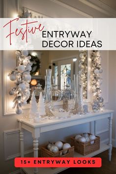 an entryway decorated for christmas with white ornaments and lights