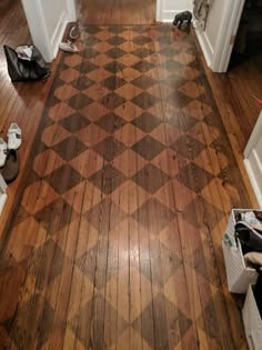 a wooden floor with some shoes on it