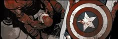 captain america is standing next to an iron man shield with his hands on his hips