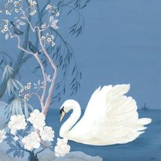 a painting of a white swan in the water