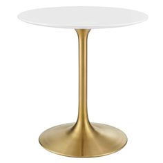 a white and gold table with a round base