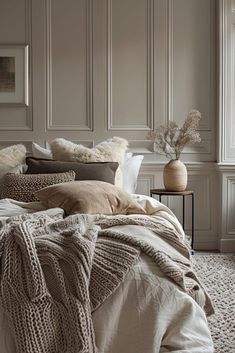 a bed with pillows and blankets on top of it next to a vase filled with flowers