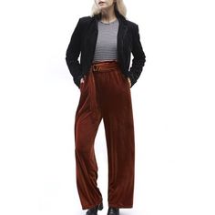 O A T NEW YORK Women's Holiday Contemporary Brown Self Belted Wide Leg Trouser. This dressy pull on velvet corduroy pant is made of finely pleated fabric and has a high rise paperbag waistline. Fashionable piece for special occasions that offers a comfortable relaxed fit. Gender: female.  Age Group: adult. Holiday Trousers, Bell Bottom Trousers, Trousers Women Wide Leg, Linen Drawstring Pants, Corduroy Pant, Women Cargo Pants, Cropped Linen Pants, Wide Leg Cropped Pants, Fleece Sweatpants