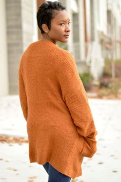 Add this rust colored cardigan to any ensemble for a nice cozy feeling. Two Pockets Model is wearing a Small Fall Knitted Loungewear Cardigan, Knitted Cardigan For Fall Loungewear, Textured Knit Cardigan For Fall, Casual Fall Cardigan With Soft Texture, Soft Textured V-neck Outerwear For Fall, Soft Texture Crew Neck Outerwear For Fall, Fall Cardigan For Loungewear, Casual Soft Cardigan For Fall, Brown Fall Cardigan For Loungewear