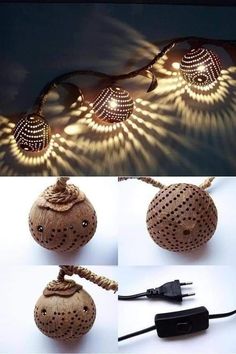 the string lights are made from wood and have holes in them to create balls that look like they are floating on water