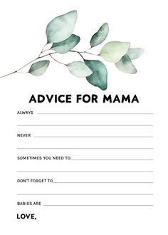 the advice for mama card is shown with leaves and branches in black ink on white paper