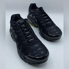 Nike Air Max Plus Sneakers Brand New Without Box Youth Size 5y And 7y Color Black/Black Black Sneakers With Rubber Sole And Round Toe, Nike Black Sneakers With Boost Midsole, Black Low-top Running Shoes With Rubber Sole, Nike Black Sneakers With Air Cushioning, Black Air Max Outdoor Sneakers, Black Air Max Sneakers For Outdoor, Black Air Max Cushioned Sneakers For Outdoor, Nike Black Outdoor Sneakers, Black Outdoor Sneakers With Air Max Cushioning