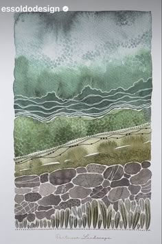 watercolor painting of rocks and grass with the ocean in the background, on white paper