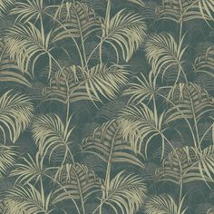 a green and beige wallpaper with palm leaves