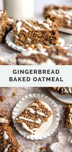 gingerbread baked oatmeal with white frosting on top and in the background