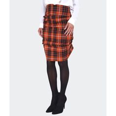 This Is A Gorgeous Vivienne Westwood Anglomania Tartan Wool Above The Knee Orange And Black Plaid Skirt Featuring Ruched Details At Back, Pint Tuck Back Hem, And Concealed Back Zip Closure. Designer: Vivienne Westwood (Anglomania) Size: It 40, Us 4 Measurements: Front Length: 26.25", Back Length: 16.25", Waist: 26", Hips: 31" Material: 100% Virgin Wool Color: Orange & Black Item Condition: Pre-Owned: Excellent. Exterior: Excellent. Some Of The Pleats In Back Hem Are Slightly Loose And Very Little Signs Of Wear On Wool. (See Photos) Interior: Excellent. A Few Loose Threads On Interior. Note: Model Typically Wears Size 2/4. Material Doesn't Have Alot Of Stretch. Adore The Couture Would Like Vivienne Westwood Skirt Tartan, Elegant Orange Skirt For Work, Chic Orange Tiered Skirt, Orange Workwear Skirt With Lining, Fall Workwear Ruffled Skirt, Orange Lined Skirt For Workwear, Orange Lined Skirt For Work, Fall Ruffled Skirt For Workwear, Fitted Orange Skirt