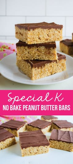 no bake peanut butter bars stacked on top of each other