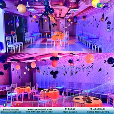 an image of a party setting with balloons and decorations on the walls, tables and chairs