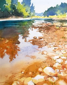 a watercolor painting of rocks and trees on the edge of a body of water