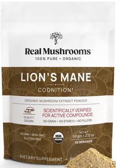 a bag of lion's mane powder next to a pile of ground cinnamons