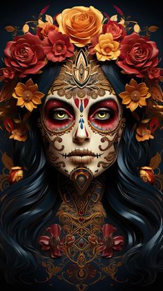 a woman with flowers in her hair and makeup painted to look like a sugar skull