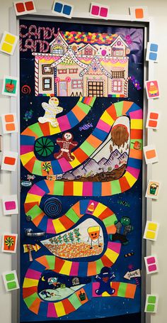 a door decorated with colorful paper cut outs