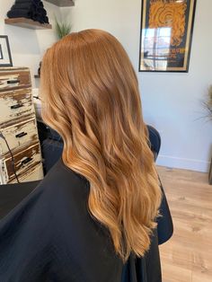 Blonde Amber Hair, Golden Amber Hair, Golden Apricot Hair Color, Copper Hair 7-77, Long Amber Hair, Red To Blonde, Orange Hair, Hair Inspiration Color