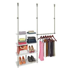 a rack with several pairs of shoes and purses