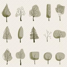 various types of trees are shown in black and gray colors on a white background,