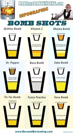 the info sheet shows different shots in each glass, and how they are made from scratchsticks