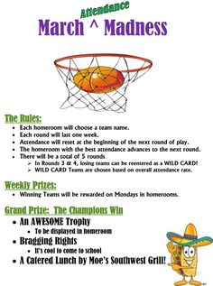 the flyer for march's tournament features an image of a basketball hoop and a cartoon character