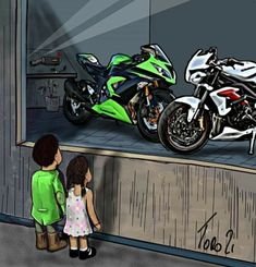 two children looking at motorcycles in a garage