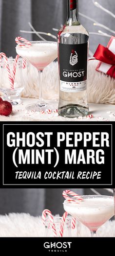 a bottle of ghost pepper mint margarita next to two martini glasses with candy canes