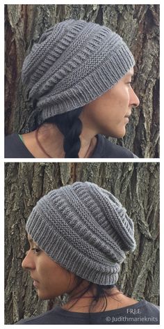 two pictures of a woman wearing a knitted hat