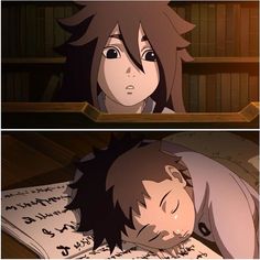 an anime character laying on top of a book next to another cartoon character in front of a bookshelf