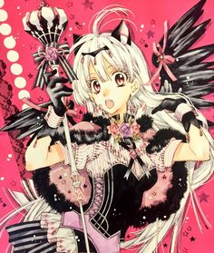 an anime character with long white hair and black wings holding a wand in her hand