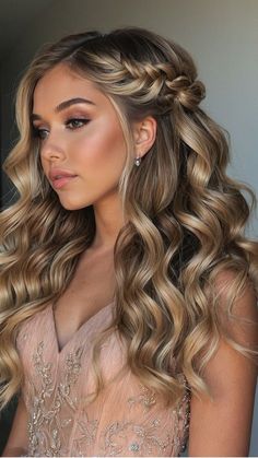 Prom Hair Mostly Down, Hair Styles For Evening Dress, Half Up Braided Wedding Hairstyles, Hairstyles With A Braid And Curls, Fall Photo Hairstyles, Wedding Hairstyle For Natural Curly Hair Half Up Half Down, Pretty Prom Hairstyles For Long Hair, Medium Length Gala Hair Styles, Hair Inspo Bridesmaid