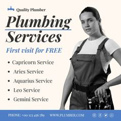 an advertisement for plumbing services with a woman in overalls