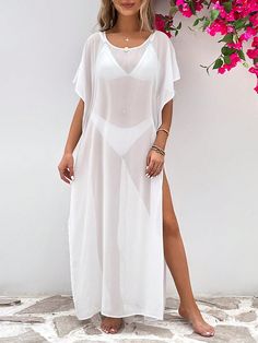 Blanco  Collar manga media Chifón Liso  Embellished No-Elástico  Artículos de Baño y Playa Swimming Beach, White Chiffon, Cover Ups, Beach Covers, Beach Wears, Cover Up Dress, Batwing Sleeve, Bat Wings, White Collar