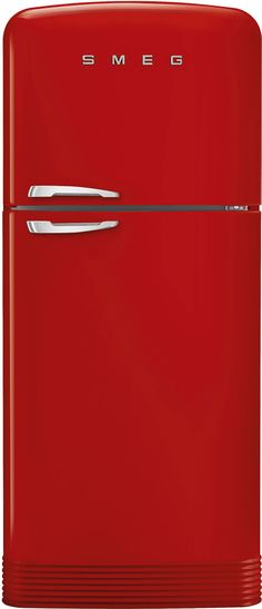 a red refrigerator freezer sitting on top of a white floor next to a wall