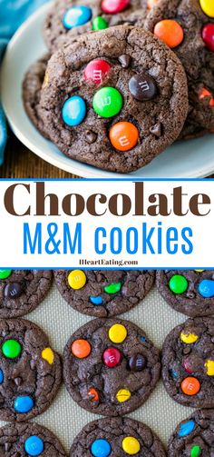 chocolate m & m cookies on a white plate