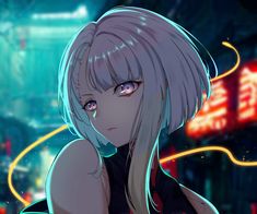 an anime character with blonde hair and blue eyes, standing in front of neon signs