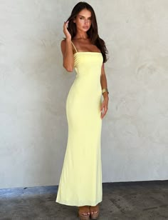 CARA DRESS - YELLOW : PASTEL CITRUS Yellow Maxi Dress With Spaghetti Straps For Party, Yellow Spaghetti Straps Maxi Dress For Party, Yellow Spaghetti Straps Midi Dress For Evening, Yellow Spaghetti Strap Midi Dress For Evening, Yellow Summer Evening Dress, Yellow Fitted Maxi Evening Dress, Fitted Yellow Evening Dress, Yellow Long Evening Dress, Yellow Sleeveless Maxi Dress For Evening