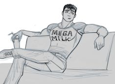 a drawing of a man sitting on a couch with his legs crossed and one leg in the air