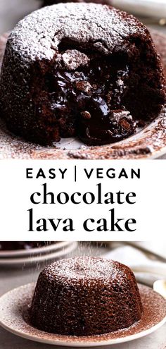 a chocolate lava cake on a plate with the words easy vegan chocolate lava cake