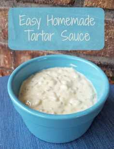 a blue bowl filled with tasty homemade tartar sauce