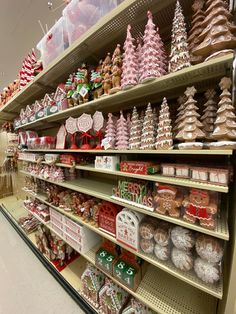 shelves in a store filled with lots of different types of christmas cookies and candies