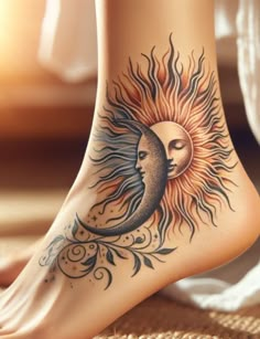 a woman's foot with a sun and moon tattoo on it