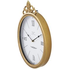 an ornate gold clock with roman numerals on the face and hands is shown against a white background