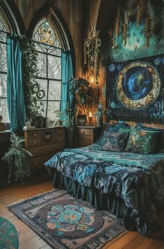 a bed room with a neatly made bed next to two windows and a rug on the floor