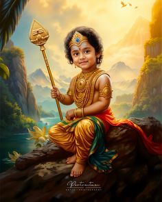 a painting of a little boy with a golden stick in his hand sitting on a rock