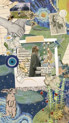 an altered collage with pictures and words on it's side, including the image of a woman standing next to a bird