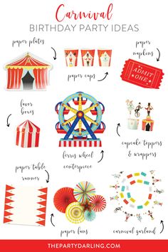 A collage of carnival party supplies, including carnival tent plates, circus paper cups, admit one napkin, a Ferris wheel centerpiece, paper fans, garlands, and table runners for party ideas for a carnival birthday party. Circus Third Birthday Party, Carnival Birthday Party Foods, Circus Party Table Decor, Circus 3rd Birthday Party, Three Ring Circus Birthday, Carnival Birthday Decorations, 3rd Birthday Circus Theme, 3 Ring Circus Birthday Party Invitation