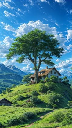 a house sitting on top of a lush green hillside under a blue sky with clouds